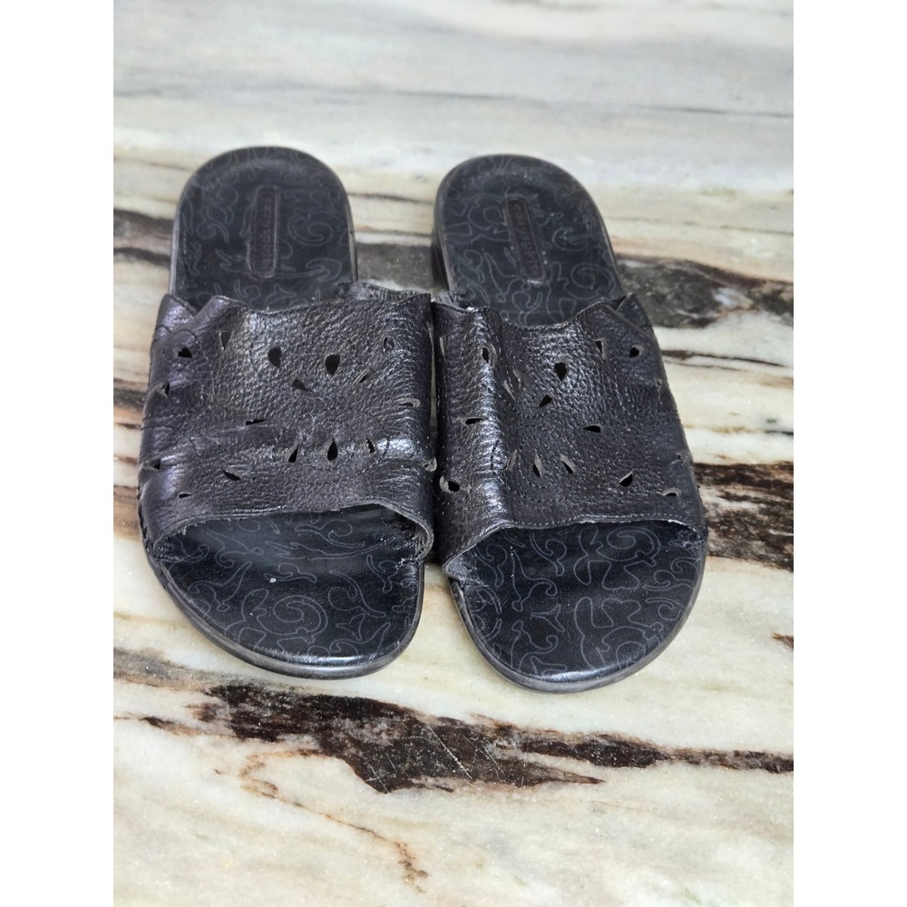 Easy Spirit ESDACEY‎ Black Leather Laser Cut Floral Slide Sandals Womens 7.5W